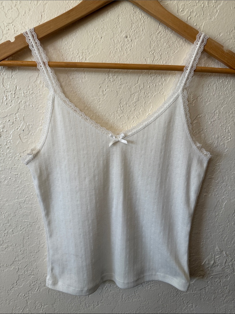 Vintage White Lace Trim Pointelle Knit Camisole Tank Top Bow Size XS